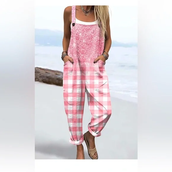 Summer Women's Sleeveless Jumpsuits Gradient Plaid Square Neck Romper Overalls - Picture 1 of 1